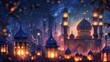 Ramadan kareem background with combination of lanterns, arabic calligraphy, and mosque.
