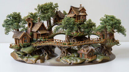 Canvas Print - A 3D printed model of an enchanted forest treehouse community, with bridges connecting the homes and detailed foliage