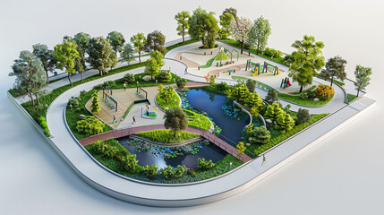 Sticker - A 3D printed model of a modern urban park, featuring jogging paths, ponds, and playgrounds, showcased on a white background to highlight green spaces in city living.