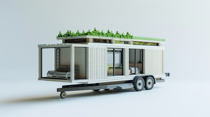 Canvas Print - A 3D printed model of a minimalist tiny home on wheels, complete with a compact living area and green roof, against a white background to emphasize simple, mobile living.