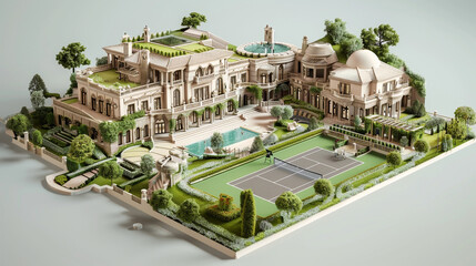 Canvas Print - A 3D printed model of a grand mansion with elaborate landscaping, a swimming pool, and a tennis court, meticulously detailed and set against a white background to showcase luxury and opulence.