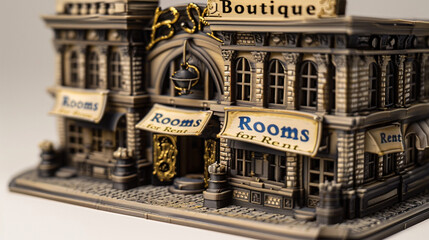 Wall Mural - A 3D printed miniature of a boutique hotel, featuring 