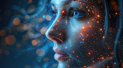 Futuristic, AI and businesswoman, IoT and connectivity, cyber data overlay and technology innovation, reflection of data code on face