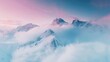 Fantastic landscape of white and pink mountains, white and pink clouds and blue sky. The concept for the development of tourism, mountaineering, skiing, rock climbing, excursions in the mountains.