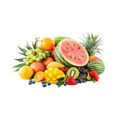 Fruit and vegetables, various types of fruit including watermelon, pineapple, oranges, apples, grapes and banana, melon, black turmeric root, red beans, fresh produce, bright colors, white background