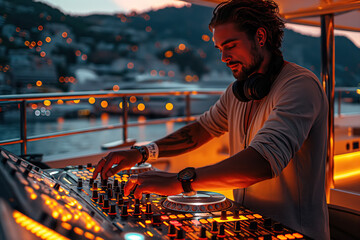 Wall Mural - male DJ mixing music on console mixer board at luxury private yacht party at sea in summer at night