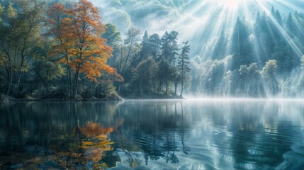 Wall Mural - Beautiful autumn landscape with foggy forest and lake in the morning