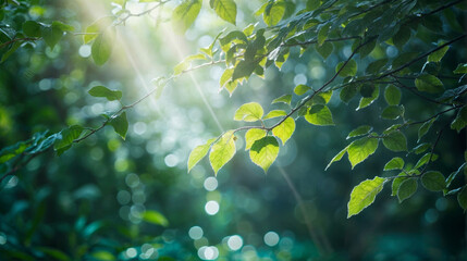 Wall Mural - Fresh green leaves in the forest with sunbeams and lens flare
