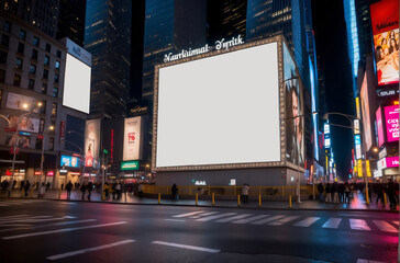 wide landscape horizontal square blank billboard at night city, new york times square blank billboar