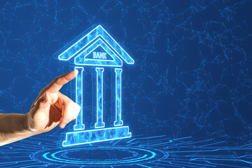 Poster - Close up of male hand pointing at creative polygonal bank hologram on blue background. Digital banking, global networking, cyber security concept.