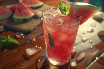 Wall Mural - A glass of watermelon juice with a slice of watermelon on top