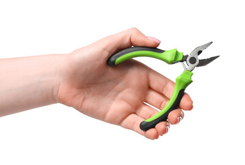 Woman with combination pliers on white background, closeup