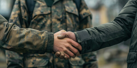 Businesspeople shaking hands of adult military soldier men. Joining hands handshake in war business agreement for the weapon delivery business investment agreement of army uniform businessmen