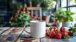 Simple yet elegant, a white mug and fresh strawberries grace a polished wooden table, gently illuminated by soft backlighting, creating a serene ambiance, for mockup.