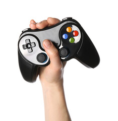 Woman holding game controller on white background, closeup