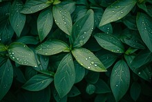 Green Leaves With Water Drops, Natural Background,  Close-up