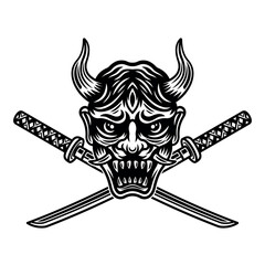 Wall Mural - Oni mask and two crossed katanas vector illustration in monochrome style isolated on white background