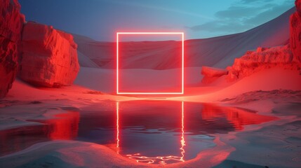 Wall Mural - An intense red neon square with softened angles, hovering above a reflective pool surrounded by white sand, creating a striking contrast of colors and textures.
