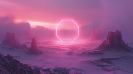 Wall Mural - Bright neon hexagon, hovering above a vast expanse of sand, its geometric shape contrasting sharply with the natural undulations of the sandy landscape.