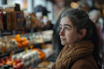 Wall Mural - A woman with gray hair is looking at a produce section in a grocery store