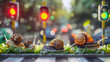 Snails in the foreground of busy city street with traffic. Slow analogy concept