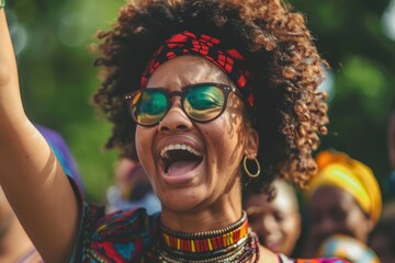 Wall Mural - A woman with a red bandana and sunglasses is smiling and laughing