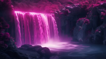 Wall Mural - Cascading magenta neon waterfalls, flowing alongside actual waterfalls in a dark, rocky terrain, merging the raw power of nature with human innovation.