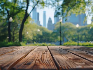 A wooden table with a view of a city in the background