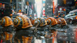 © Sunshine Design - Slow traffic analogy. Snails in foreground on city street amongst cars.