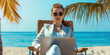Teenager in suit working on computer on the beach under palms. Freelance online remote work concept. Pretty businesslike young girl using laptop in cafe on a tropical luxury beach resort. Working teen