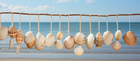 Poster - A close up of a collection of assorted shells suspended from a rope, showcasing a beach-themed decoration