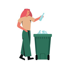 Wall Mural - Drawn female volunteer putting glass bottle in waste container on white background