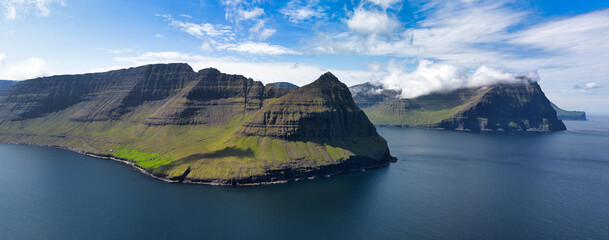 Canvas Print - Aerial Panorama outdoor landscape mountain scene of Vidoy island. Summer view of Faroe Islands