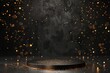 Black podium with round stage and golden light particles on dark background, blank space for product presentation or award ceremony
