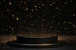 Black podium with round stage and golden light particles on dark background, blank space for product presentation or award ceremony