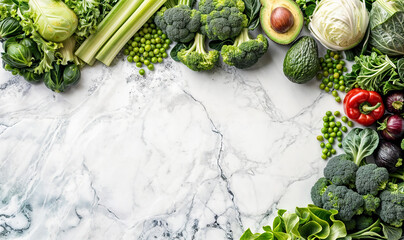 Wall Mural - green veggies seen from above on a white marble table top wallpaper with copy space, vegan diet banner