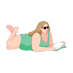 Wall Mural - Overweight woman in swimsuit reading book on white background