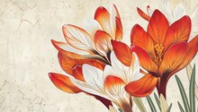 Illustration Of Flowers In Orange And Red, With Detailed Petals And Leaves, On An Aged Paper Texture Background. 