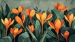 Vintage illustration of crocuses, their vibrant orange petals contrasting with the muted green leaves, creating an abstract pattern that captures both nature's beauty and its simple elegance. 