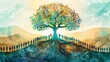 © Sippung - People around a tree with diverse leaves on textured ground symbolizing unity and