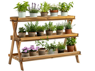  tiered gardening shelf with potted herbs and flowers, isolated on a white background 