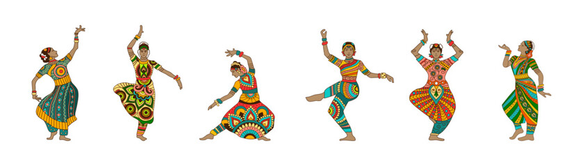 Wall Mural - Set of drawn dancing Indian women on white background