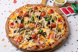 Fototapeta Natura - Pizza, original, pepperoni, combination, olive, ham, cheese, sweet potato, tomato, chicken, fried, fried