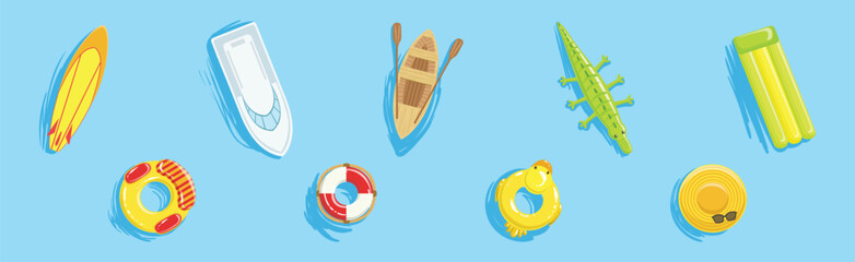 Sticker - Bright Summer Swimming Object on Blue Water Background Vector Set