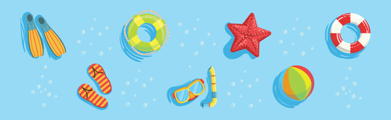 Sticker - Bright Summer Swimming Object on Blue Water Background Vector Set