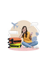 Sticker - Vertical collage of positive girl hold smart phone dialogue bubble pile stack suitcase airplane isolated on beige background