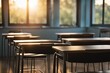 a classroom table bathed in warm evening light, set against a softly blurred background