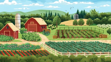 An illustration of a sustainable agriculture farm with crop rotation and composting  AI generated illustration