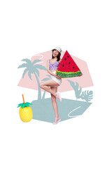 Sticker - Creative drawing collage picture of young beautiful pretty female holding watermelon paper pinata summer vacation juice fresh fruits