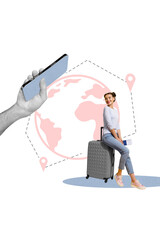 Sticker - Vertical collage picture of black white colors arm hold smart phone mini girl sit suitcase world map geolocation mark isolated on beige background